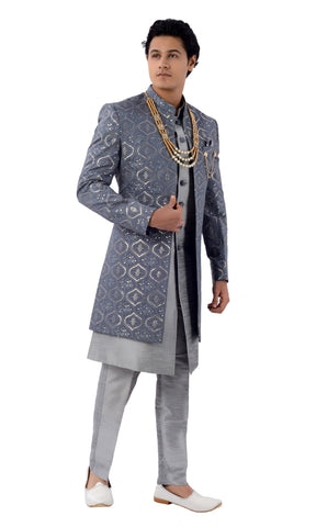 Image Title Designer Lucknowi Work Modern Gray Jacket Style Indo Western Sherwani Set-RK1221