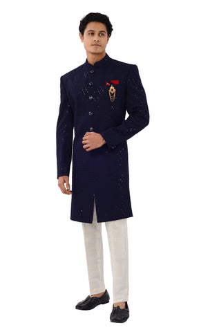 Image Title Enchanting Navy Blue Designer Lucknowi Indo Western Sherwani Set -RK1235