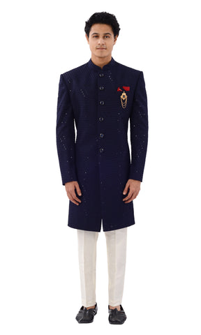 Image Title Enchanting Navy Blue Designer Lucknowi Indo Western Sherwani Set -RK1235