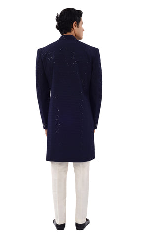 Image Title Enchanting Navy Blue Designer Lucknowi Indo Western Sherwani Set -RK1235