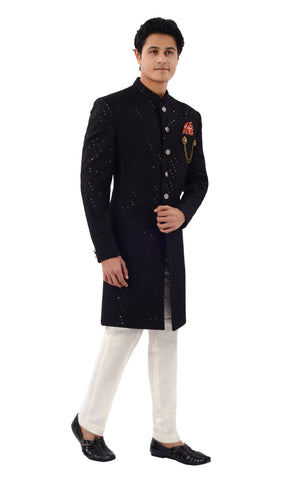 Image Title Stunning Black Designer Lucknowi Work Indo Western Sherwani Set-RK1236