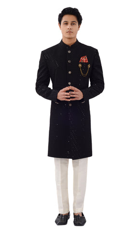 Image Title Stunning Black Designer Lucknowi Work Indo Western Sherwani Set-RK1236