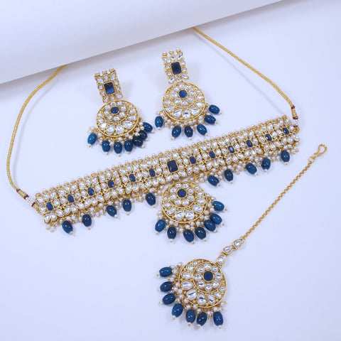 Image Title Royal Blue Grace Beaded Gold Choker  Set-SNTDC-22