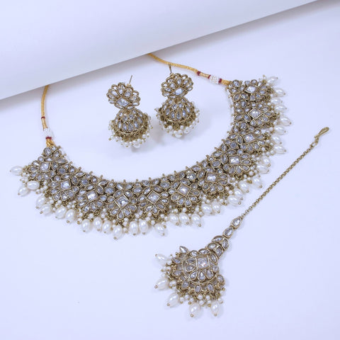 Image Title Golden Forest White Stone Jewelry Set  With Earrings and Tika-SNTDC-29
