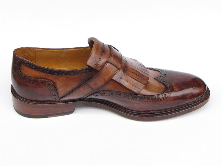 Paul Parkman Men's Wingtip Monkstrap Brogues Brown Hand-painted Leather Shoes (Id#060) Size  8-8.5 D(M) US