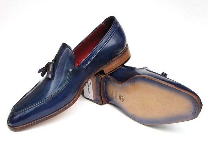 Paul Parkman Men's Tassel Loafer Blue Hand Painted Leather Shoes (Id#083) Size 7.5 D(M) US