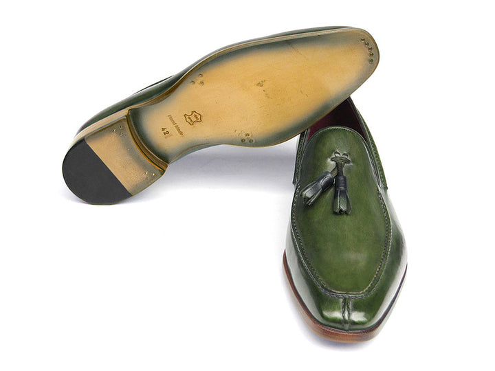 Paul Parkman Men's Tassel Loafer Green Hand Painted Leather Shoes (Id#083) Size 7.5 D(M) Us