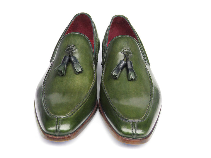 Paul Parkman Men's Tassel Loafer Green Hand Painted Leather Shoes (Id#083) Size 7.5 D(M) Us