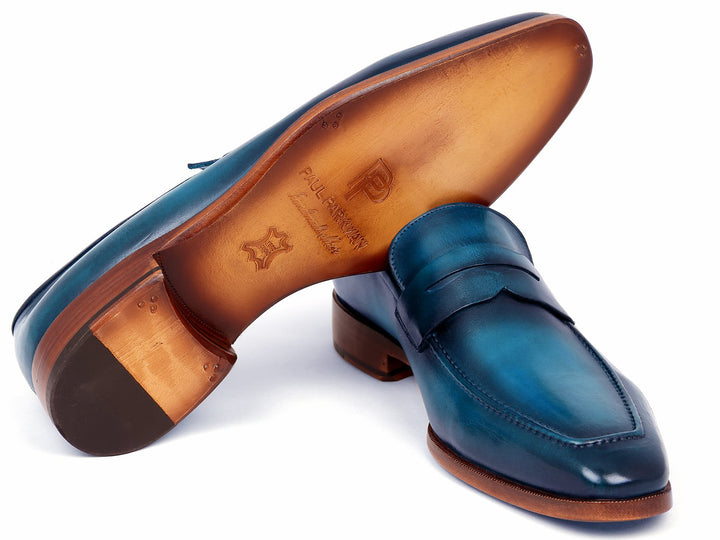 Paul Parkman Men's Penny Loafer Blue & Turquoise Calfskin Shoes (ID#10TQ84) Size 7.5 D(M) US