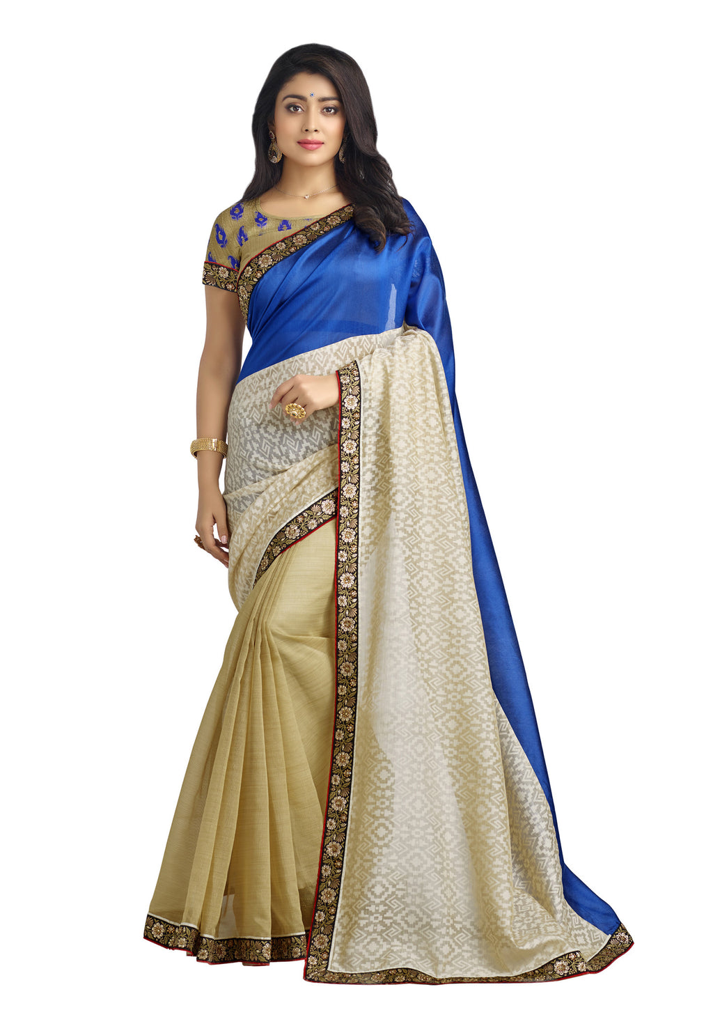 Image Title Blue silk Brasso - Organza stripe  Silk Saree