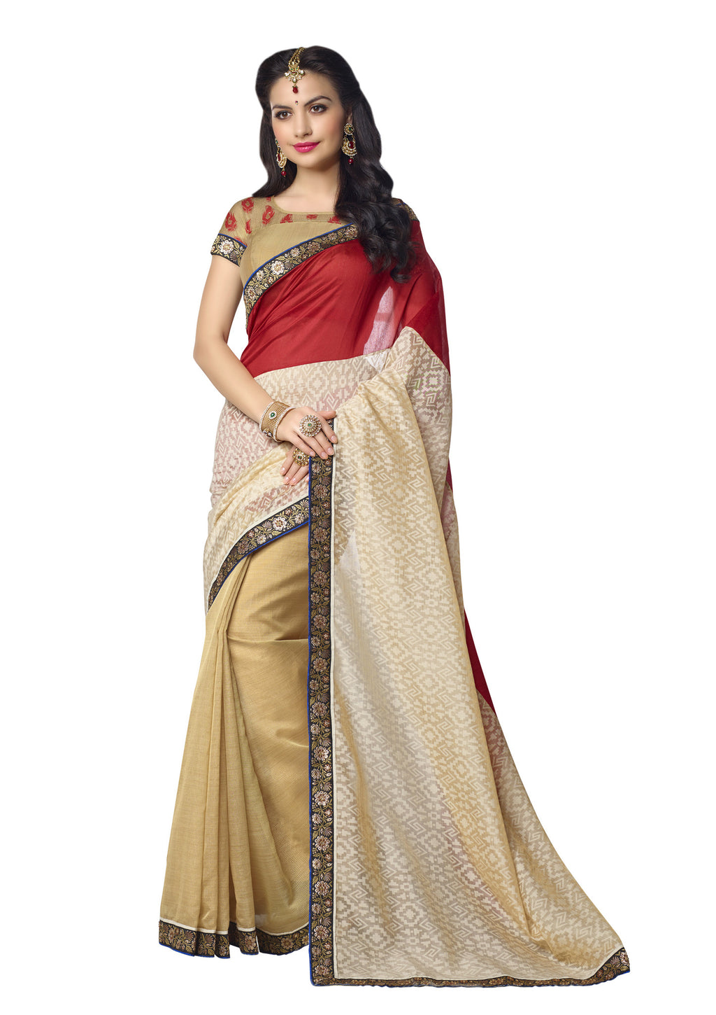 Image Title Red- silk Brasso - Organza stripe  Silk Saree