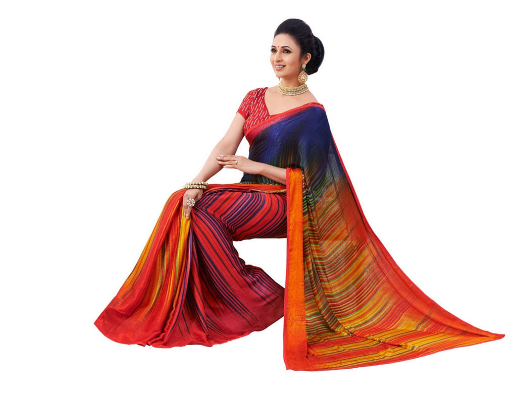 Image Title Beautiful Multi-Colored Graphic Print Exclusive Designer Satin Saree D-115