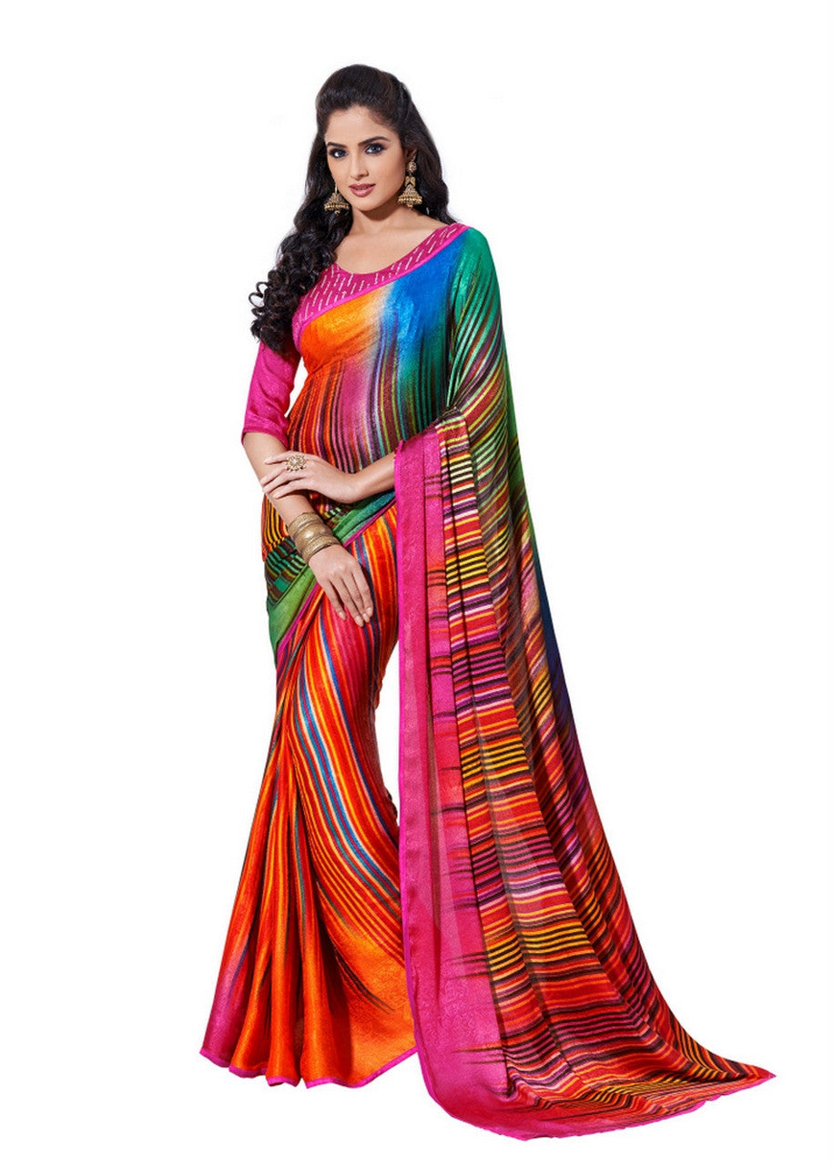 Image Title Shaded Multi-Colored Graphic Print Designer Satin Saree D-116