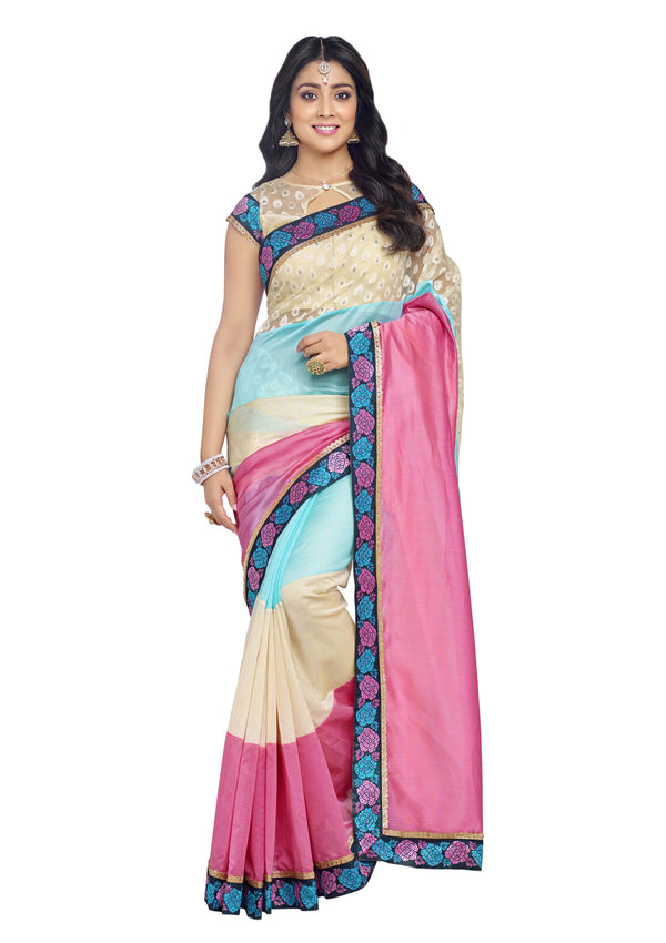 Lovely pink & Blue silk Organza Silk Saree