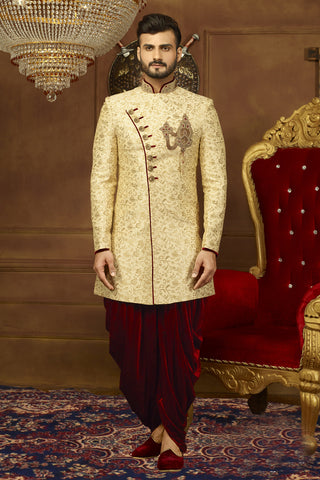 Image Title Alluring Cream and Maroon Indian Wedding Indo-Western Sherwani for Men -IW47809SNT