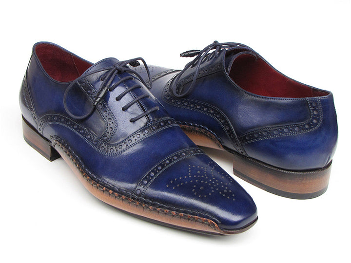 Paul Parkman Men's Captoe Navy Blue Hand Painted Oxfords Shoes (Id#5032) Size 6.5-7 D(M) US