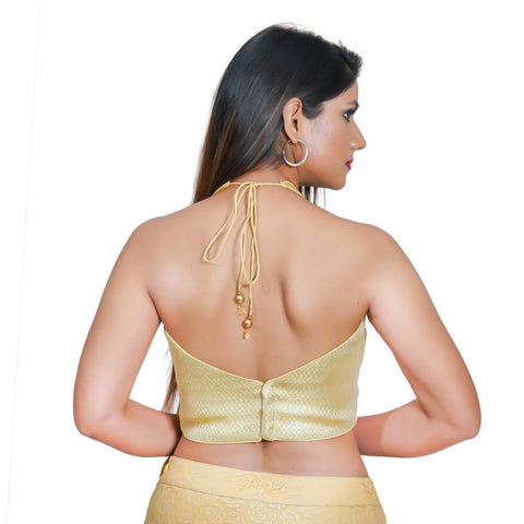 Image Title Fashionable Gold Designer Indian Saree Blouse Choli with Halter Neck (81HT-Gold)
