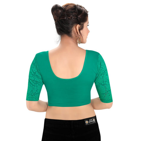Image Title Designer Rama-Green Non-Padded Stretchable With Elbow Length Net Sleeves Saree Blouse Crop Top (A-26-Rama-Green)
