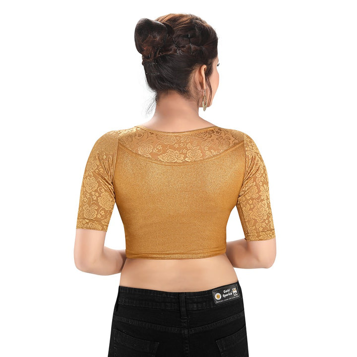 Designer Copper Non-Padded Stretchable Boat Neckline With Elbow Length Net Sleeves Saree Blouse Crop Top (A-31-Copper)
