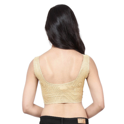 Image Title Designer Shimmer Gold Non-Padded Stretchable Round Neck Sleeveless Saree Blouse Crop Top (A-36-Gold)