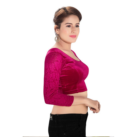 Image Title Designer Velvet Magenta Non-Padded Stretchable Round Neck Netted Full Sleeves Saree Blouse Crop Top (A-46-Magenta)