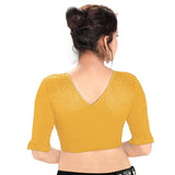 Designer Gold Cotton Non-Padded Stretchable Round Neck Elbow Sleeves With Frills Saree Blouse Crop Top (A-67-Gold)