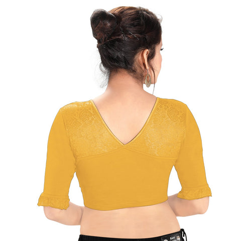 Image Title Designer Gold Cotton Non-Padded Stretchable Round Neck Elbow Sleeves With Frills Saree Blouse Crop Top (A-67-Gold)