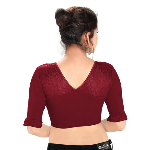 Image Title Designer Maroon Cotton Non-Padded Stretchable Round Neck Elbow Sleeves With Frills Saree Blouse Crop Top (A-67-Maroon)