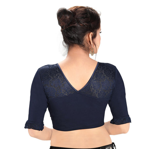 Image Title Designer Navy-Blue Cotton Non-Padded Stretchable Round Neck Elbow Sleeves With Frills Saree Blouse Crop Top (A-67-Navy-Blue)