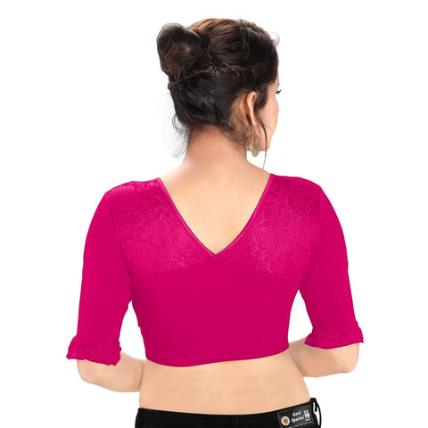 Image Title Designer Pink Cotton Non-Padded Stretchable Round Neck Elbow Sleeves With Frills Saree Blouse Crop Top (A-67-Pink)
