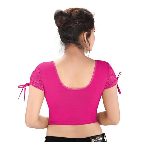 Image Title Designer Pink Non-Padded Stretchable Round Neck Short Sleeves With Dori Saree Blouse Crop Top (A-70-Pink)