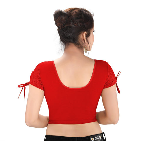 Image Title Designer Red Non-Padded Stretchable Round Neck Short Sleeves With Dori Saree Blouse Crop Top (A-70-Red)