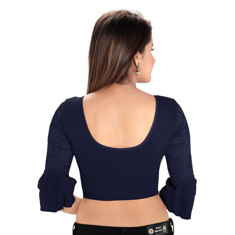 Image Title Designer Navy-Blue Cotton Non-Padded Stretchable Round Neck Elbow Sleeves With Frills Saree Blouse Crop Top (A-72-Navy-Blue)