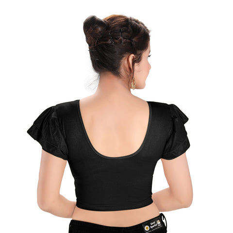 Image Title Designer Nylon Black Non-Padded Stretchable Round Neck Ruffle Sleeves Saree Blouse Crop Top (A-73-Black)