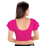 Designer Cotton Lycra Pink Non-Padded Stretchable Round Neck Ruffle Sleeves Saree Blouse Crop Top (A-74-Pink)