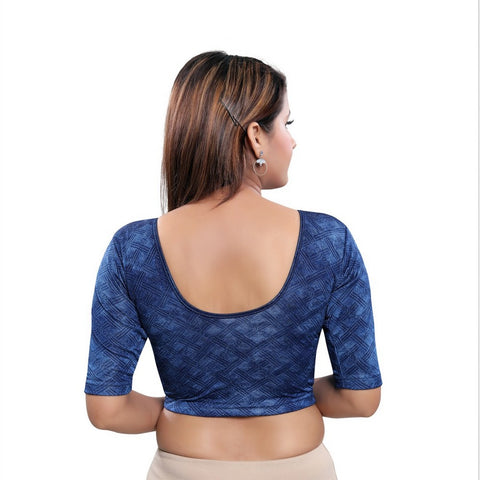 Image Title Designer Velvet Blue Non-Padded Stretchable Round-Neck Elbow Sleeves Saree Blouse Crop Top (A-82-Blue)