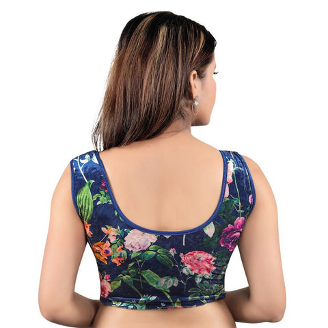 Image Title Designer Navy-Blue Velvet Floral Print Non-Padded Stretchable Round Neck Sleeveless Saree Blouse Crop Top (A-85NS-Navy-Blue)