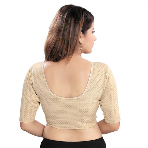 Image Title Designer Velvet Gold Polka Dot Print Non-Padded Stretchable Round-Neck Elbow Sleeves Saree Blouse Crop Top (A-90-Gold)