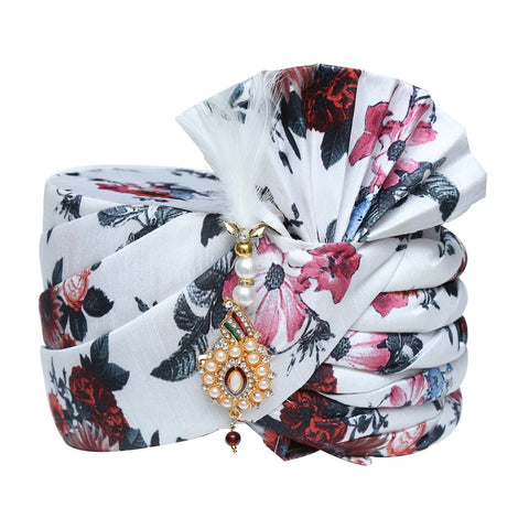 Image Title White and Maroon Floral Print Wedding Safa Turban Pagdi -SNTBL0022