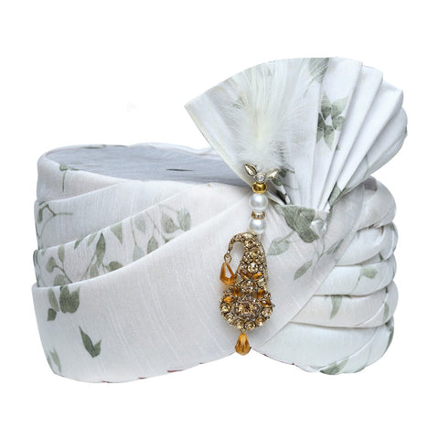 Image Title White Floral Print Wedding Safa Turban Pagdi -SNTBL0023