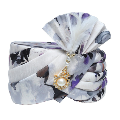 Image Title Purple and White Floral Print Wedding Safa Turban Pagdi -SNTBL0024
