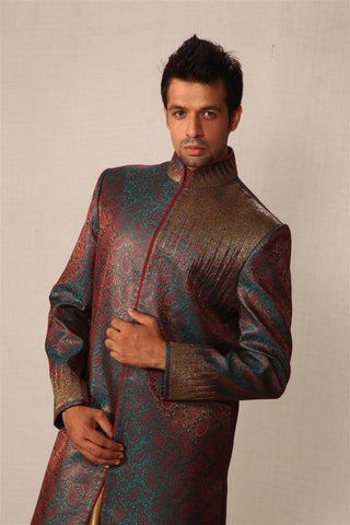Image Title Smart Rama Green And Maroon Indian Wedding Indo-Western Sherwani for Men -BL1011