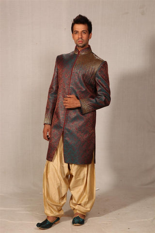 Image Title Smart Rama Green And Maroon Indian Wedding Indo-Western Sherwani for Men -BL1011