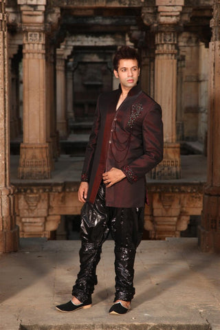 Image Title Dashing Maroon Indian Wedding Indo-Western Sherwani for Men -BL1013