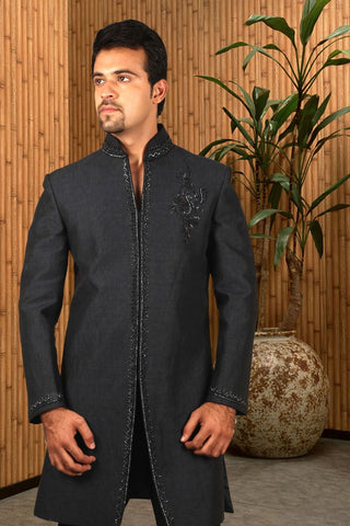 Image Title Linen Yale Blue Indian Wedding Indo-Western Sherwani for Men -BL1039
