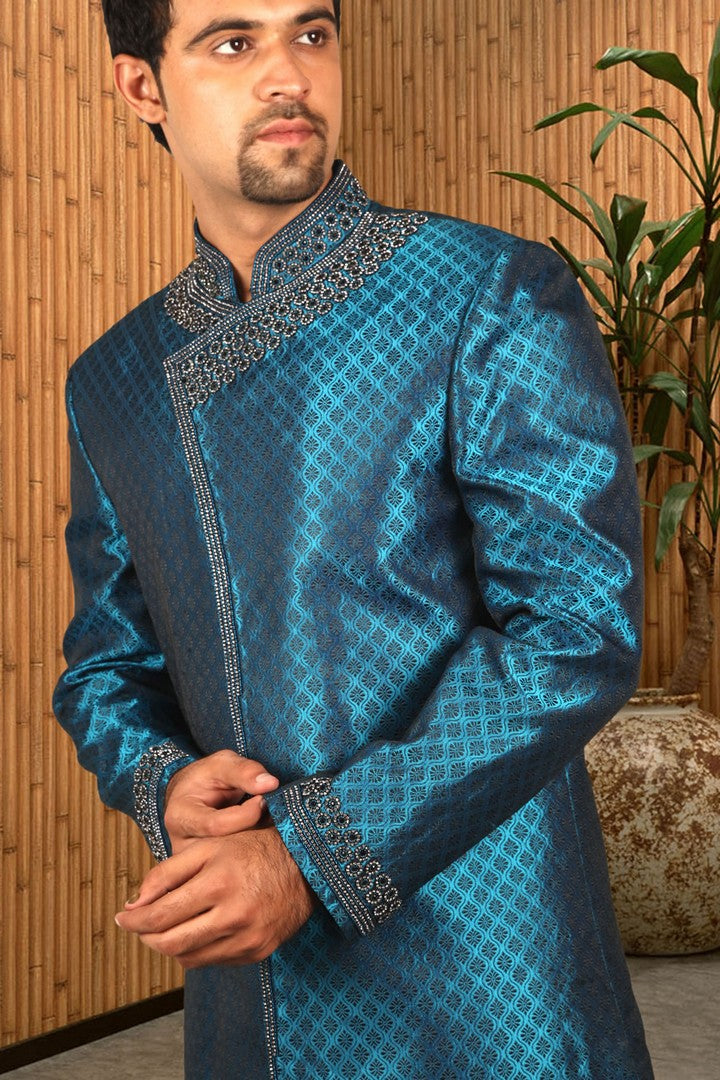 Image Title Splendid International Blue Indian Wedding Indo-Western Sherwani for Men -BL1040