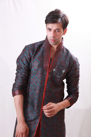 Image Title Elegant Blue and Maroon Indian Wedding Indo-Western Sherwani for Men -BL1065
