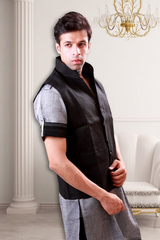 Image Title Stylish Grey Pathani Suit with Jacket Indian Traditional Sangeet Kurta Set- BL4037SNT