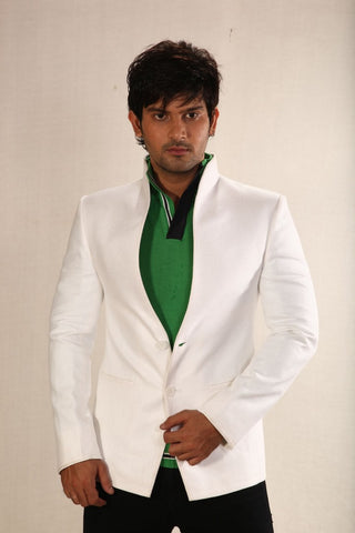 Image Title High Neck White Linen Blazer For Men-BL5002SNT