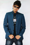 Sporty Blue Stand Collar Linen Blazer For Men - BL5014SNT